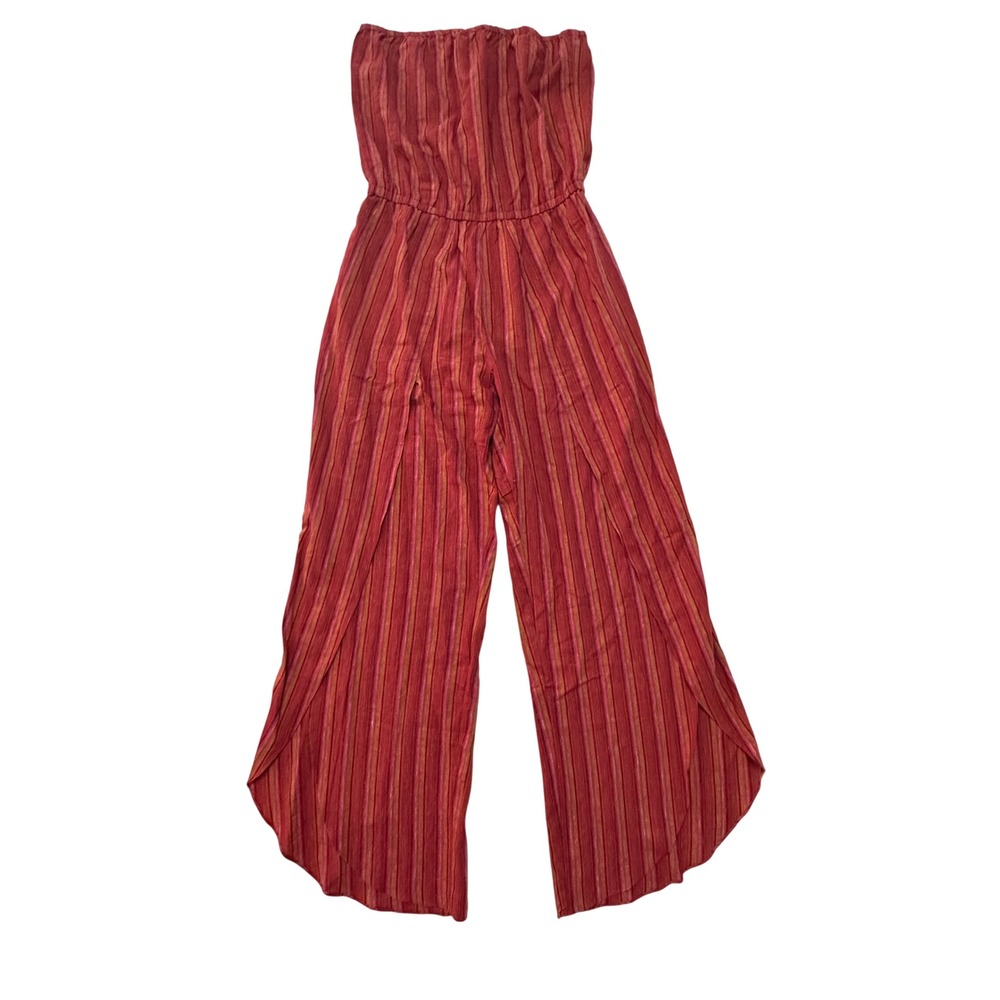 Drew Anthropologie Strapless Jumpsuit Womens M Red Striped Linen Blend Tulip Leg - Picture 10 of 11